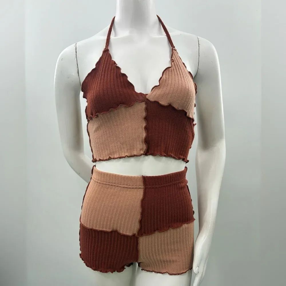 3For$20 Two-Tone Brown Patchwork Ribbed Halter Crop Top & Shorts Set size: M